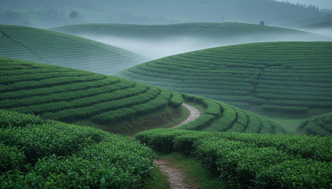 Mist blanketed over rolling green tea plantations in Munnar on a drizzle-filled August morning.