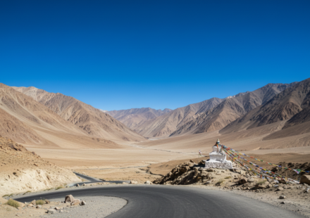 A winding road through the arid, sunlit mountains of Ladakh under a clear blue August sky.