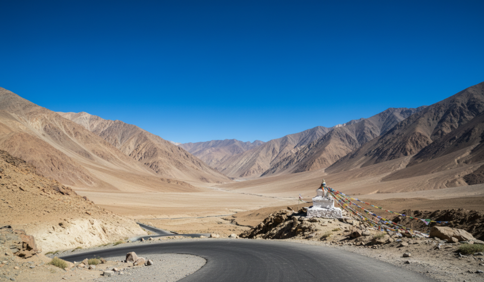 A winding road through the arid, sunlit mountains of Ladakh under a clear blue August sky.