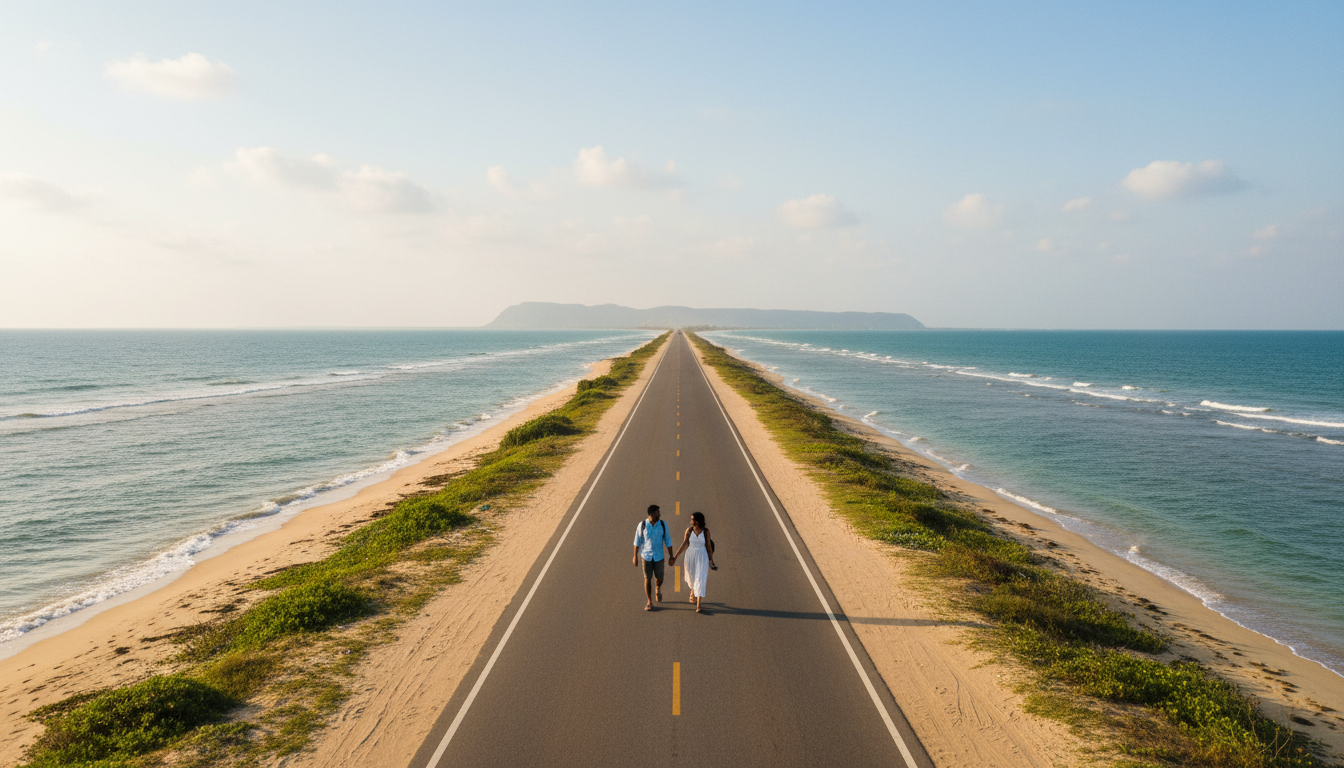 A sunny, straight road flanked by blue ocean waters leading towards Dhanushkodi in Tamil Nadu.