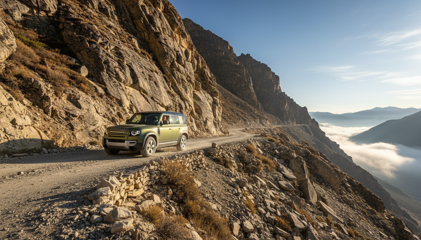 A 4x4 vehicle carefully navigating a rugged Himalayan mountain pass road along a high cliff edge.