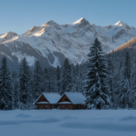 A wooden mountain lodge nestled among snow-covered pine trees with Himalayan peaks in the background under a clear sky.