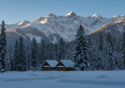A wooden mountain lodge nestled among snow-covered pine trees with Himalayan peaks in the background under a clear sky.
