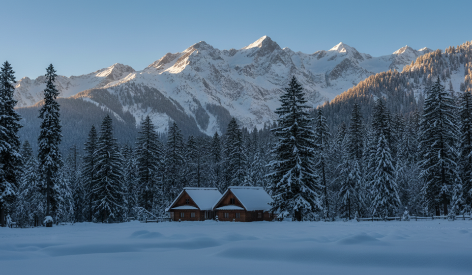 A wooden mountain lodge nestled among snow-covered pine trees with Himalayan peaks in the background under a clear sky.