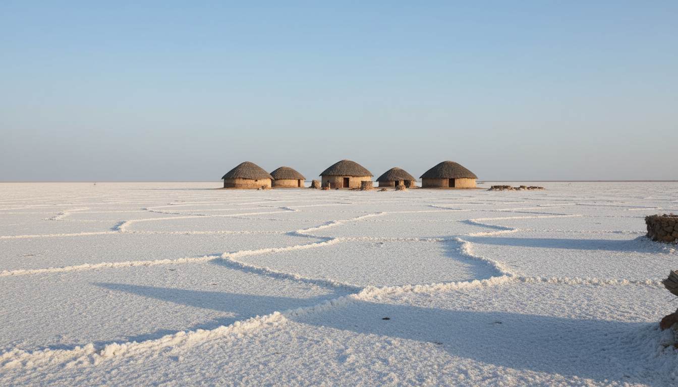 A vast white salt desert stretching to the horizon with traditional thatched mud huts under a clear winter sky.