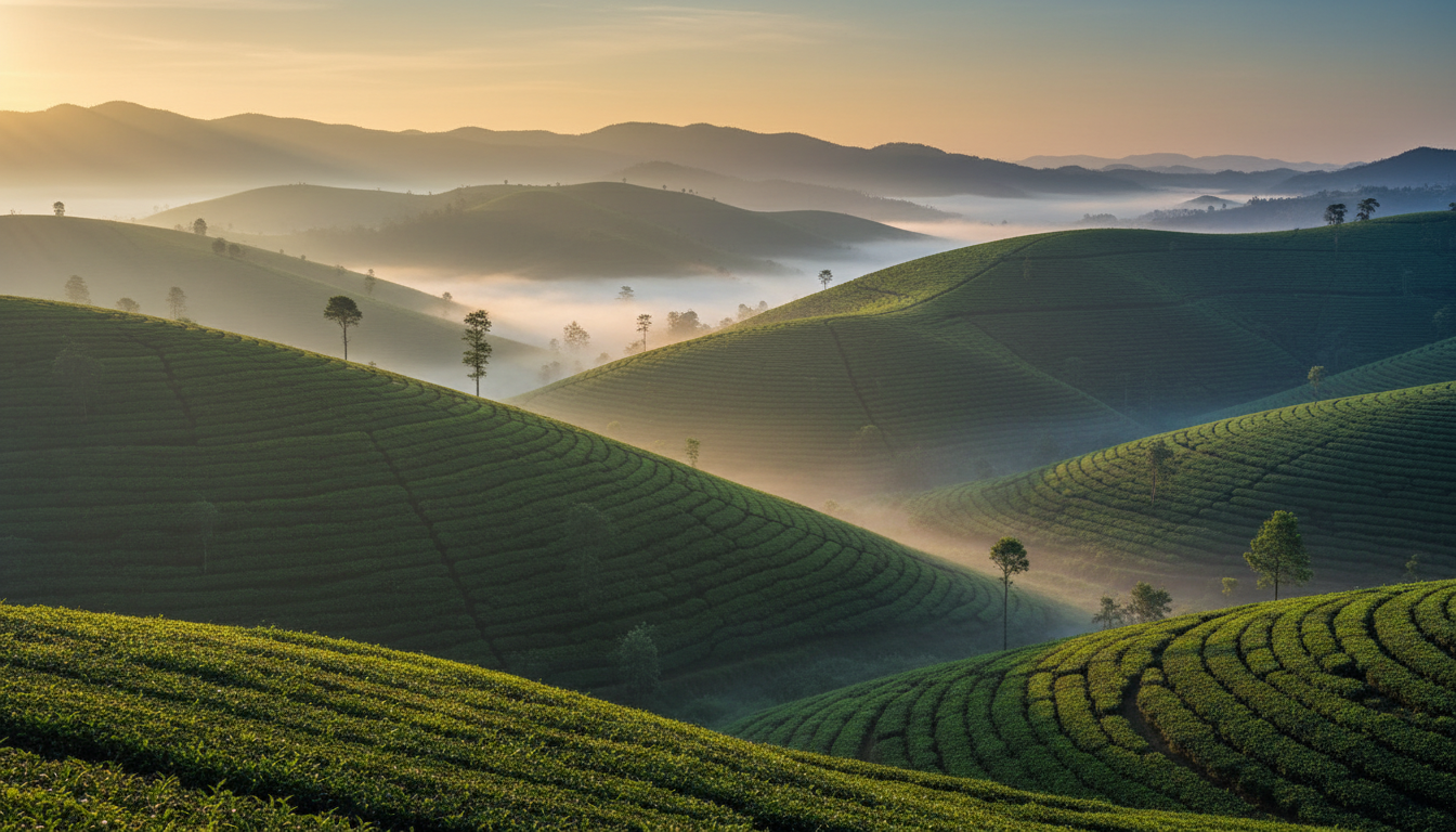 Mist drifting over rolling green tea plantation hills in the early morning sunlight.
