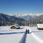 Snow-covered pine trees, wooden cottages, and mountain peaks in Gulmarg under a bright winter sky.