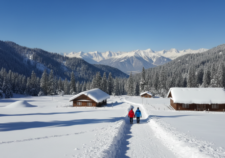 Snow-covered pine trees, wooden cottages, and mountain peaks in Gulmarg under a bright winter sky.