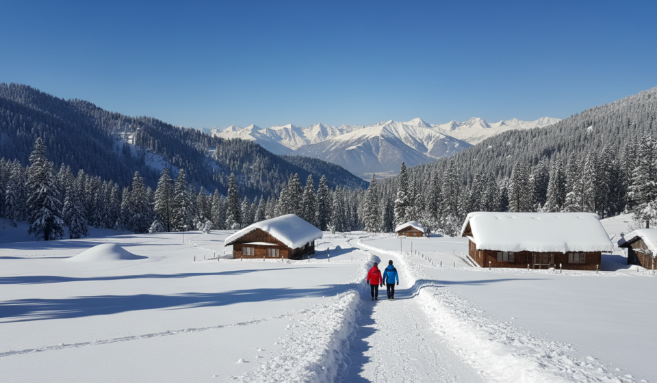 Snow-covered pine trees, wooden cottages, and mountain peaks in Gulmarg under a bright winter sky.