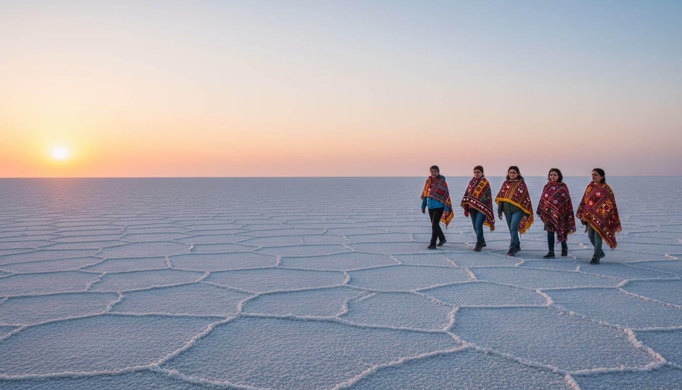 Travelers walking across the vast white salt desert of the Rann of Kutch under a soft winter sunset sky.