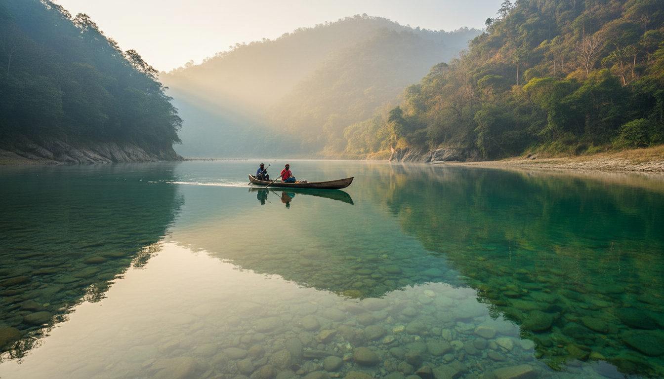 A wooden canoe floating on the crystal-clear emerald waters of the Umngot River in Dawki, Meghalaya.