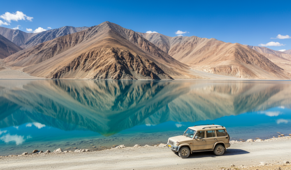 Clear turquoise lake surrounded by stark brown mountains under a bright blue summer sky in Ladakh.