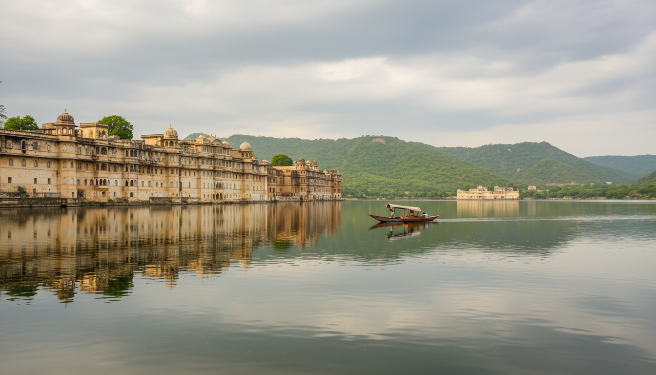 Historic stone palace reflecting on calm lake water with green hills under overcast skies in Udaipur.