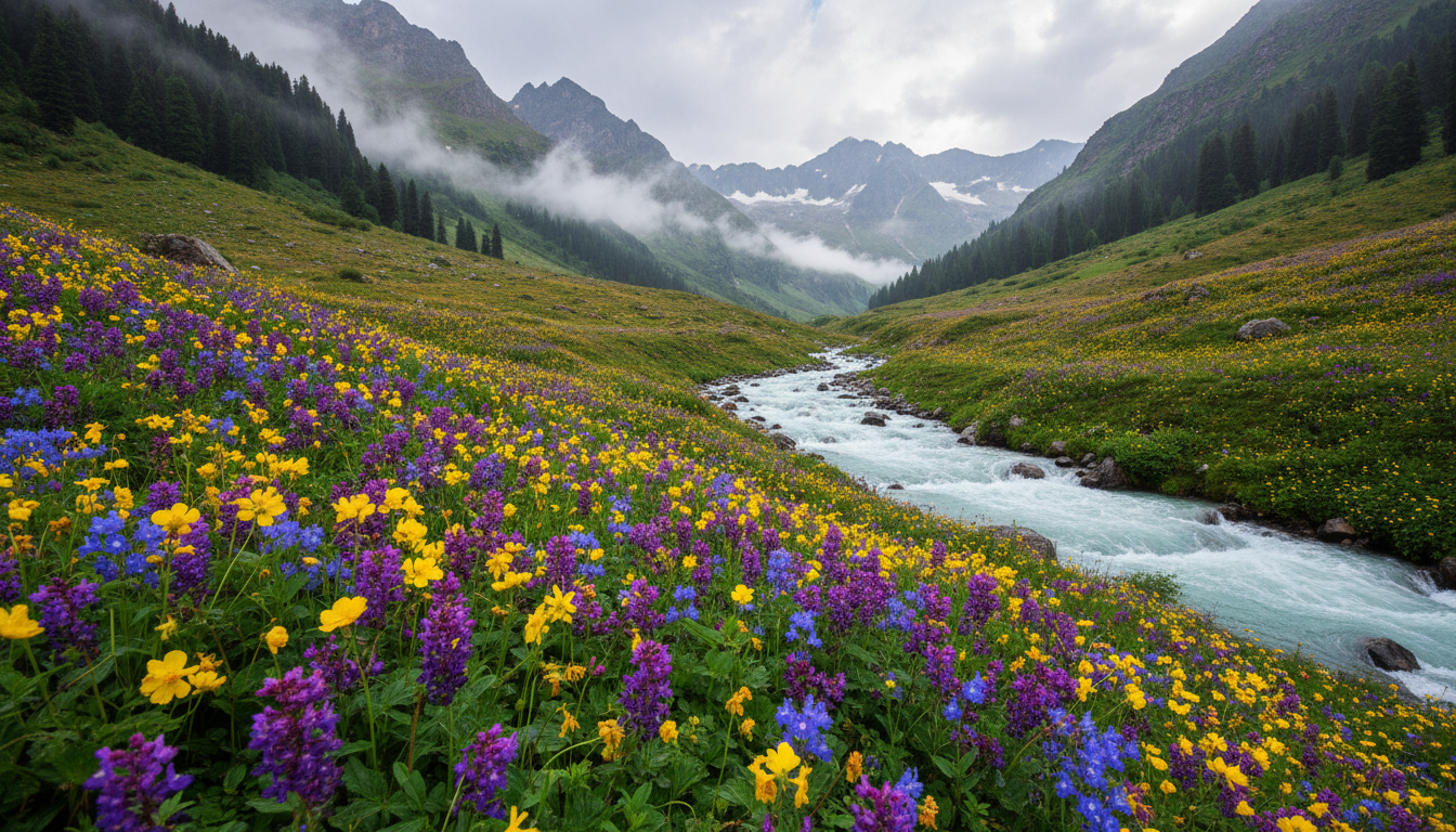 Wild purple and yellow alpine flowers carpeting a mountain valley with misty pine trees and peaks.
