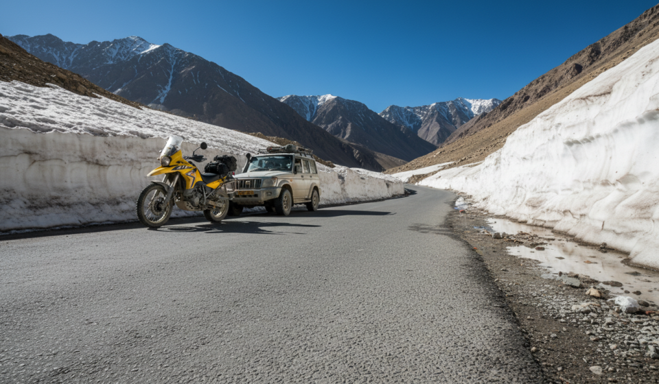 A paved Himalayan mountain road in Ladakh surrounded by melting snow walls and sharp barren rock peaks under a clear blue sky.