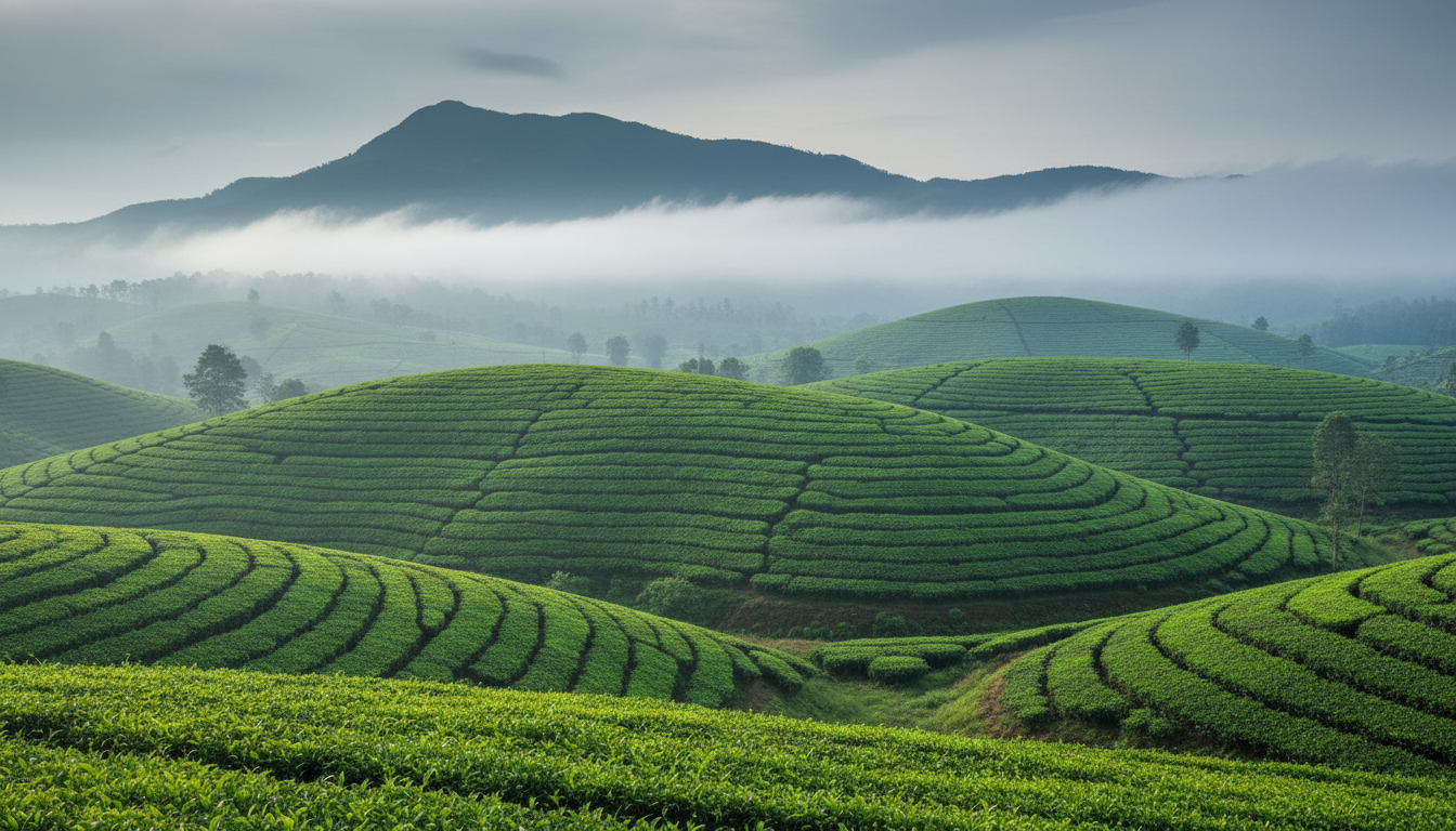 Mist rolling over bright green layered tea plantations on steep hills in Munnar, Kerala.