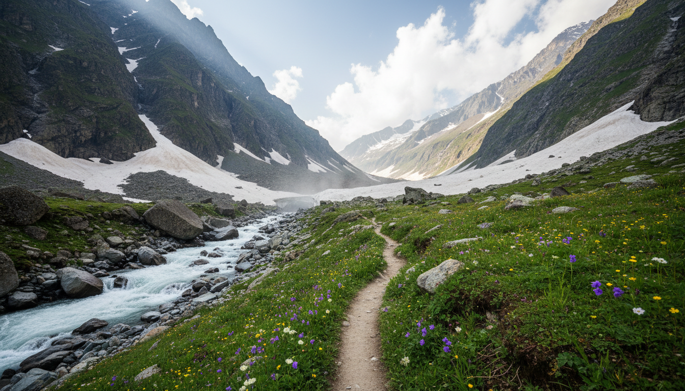 A mountain dirt path through alpine meadows with early summer wildflowers and melting snow in Valley of Flowers, Uttarakhand.