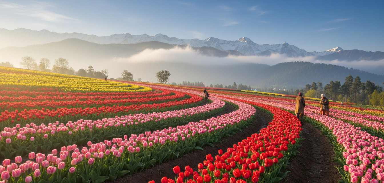 Terraced rows of vibrant tulips in full bloom against mist-covered mountains in Srinagar during spring.