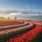Terraced rows of vibrant tulips in full bloom against mist-covered mountains in Srinagar during spring.