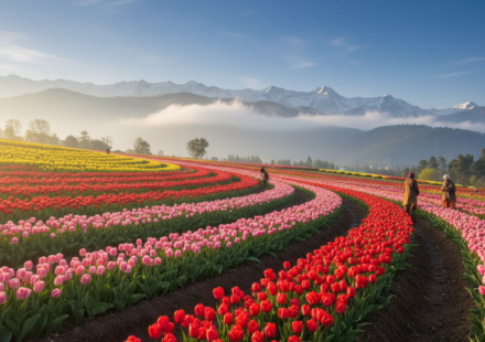 Terraced rows of vibrant tulips in full bloom against mist-covered mountains in Srinagar during spring.