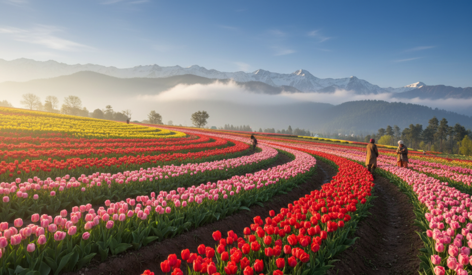 Terraced rows of vibrant tulips in full bloom against mist-covered mountains in Srinagar during spring.