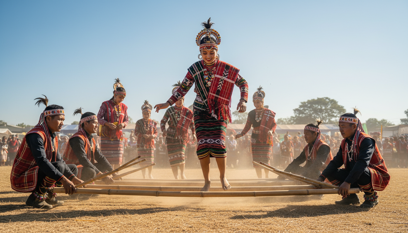 Mizo dancers in traditional attire performing the Cheraw bamboo dance at the Chapchar Kut festival in Aizawl.