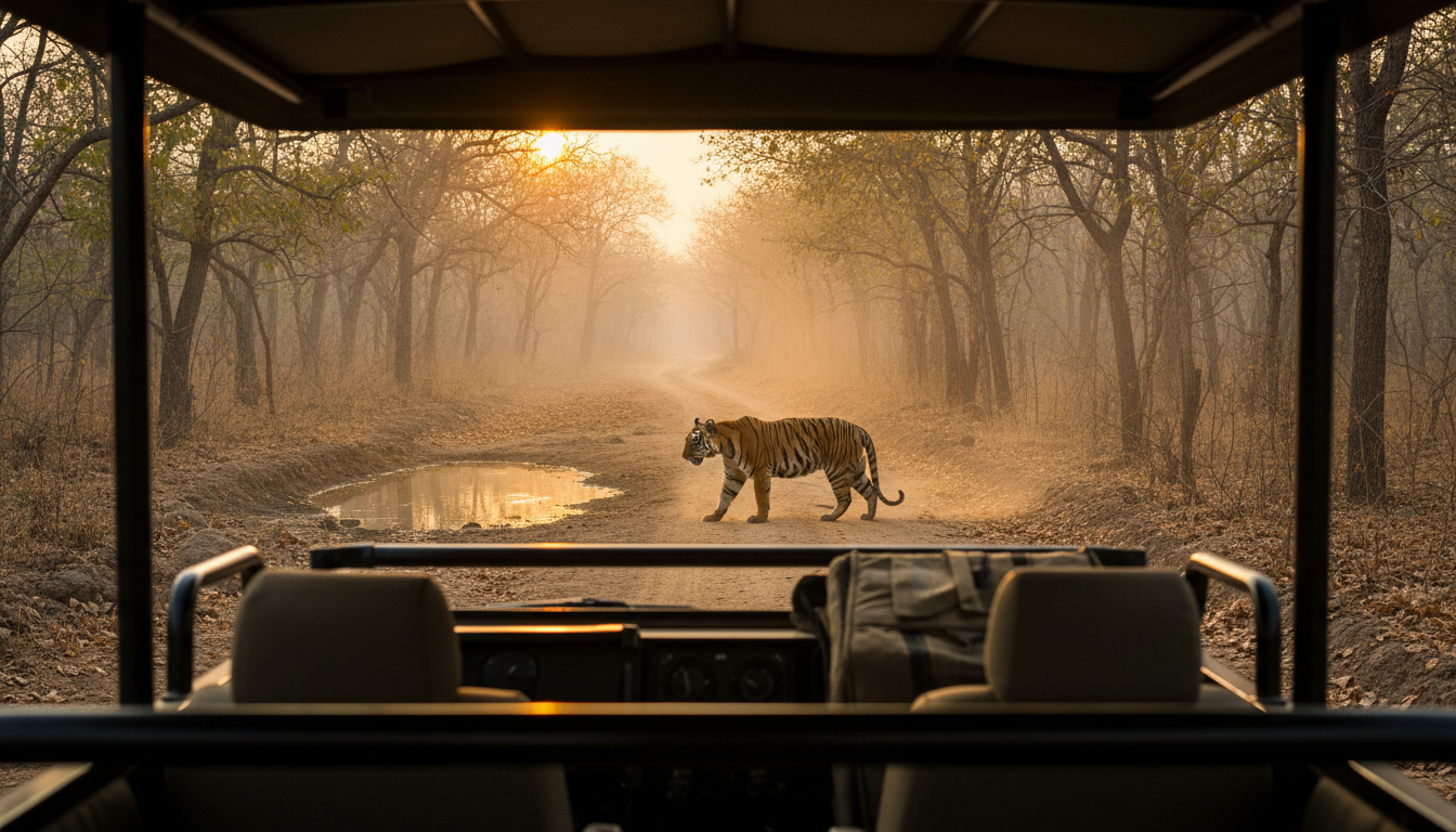 An open safari jeep quietly observing a Bengal tiger crossing a dusty track in Tadoba Tiger Reserve.