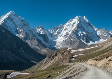 Winding high-altitude road through snowy mountain valleys in the Indian Himalayas under a clear blue sky.
