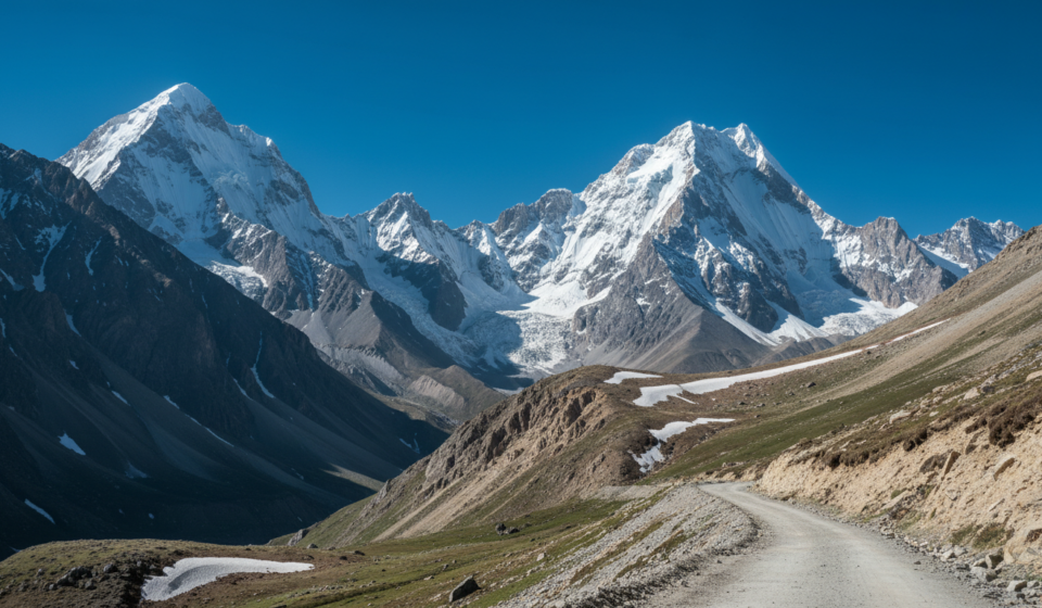 Winding high-altitude road through snowy mountain valleys in the Indian Himalayas under a clear blue sky.