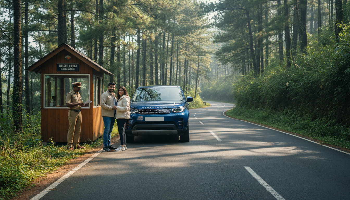 SUV parked at a hill station checkpost on a pine forest road in Tamil Nadu mountains.