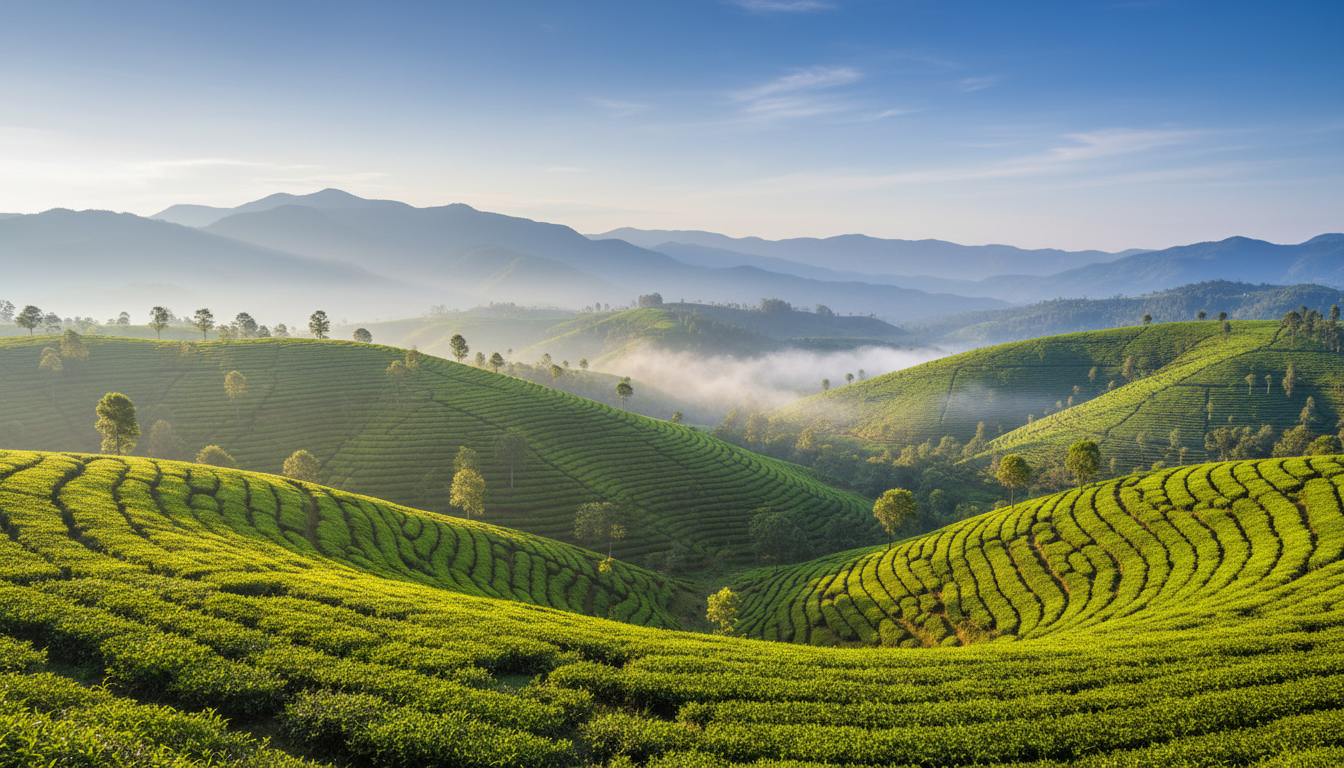 Terraced green tea plantations on rolling hills in Munnar with light valley mist in the background.