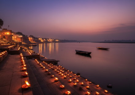 Thousands of glowing earthen lamps on stone riverbank steps lit at dusk beside a wide river.
