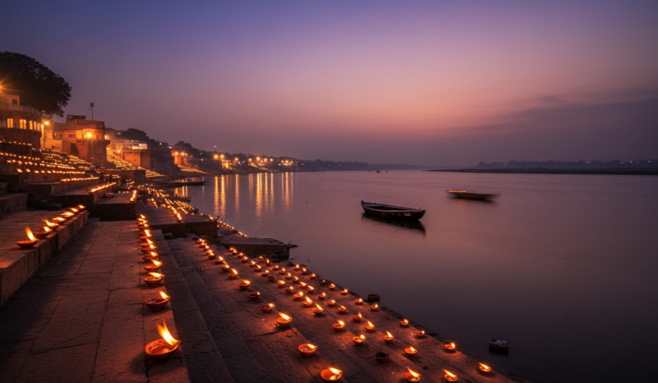 Thousands of glowing earthen lamps on stone riverbank steps lit at dusk beside a wide river.