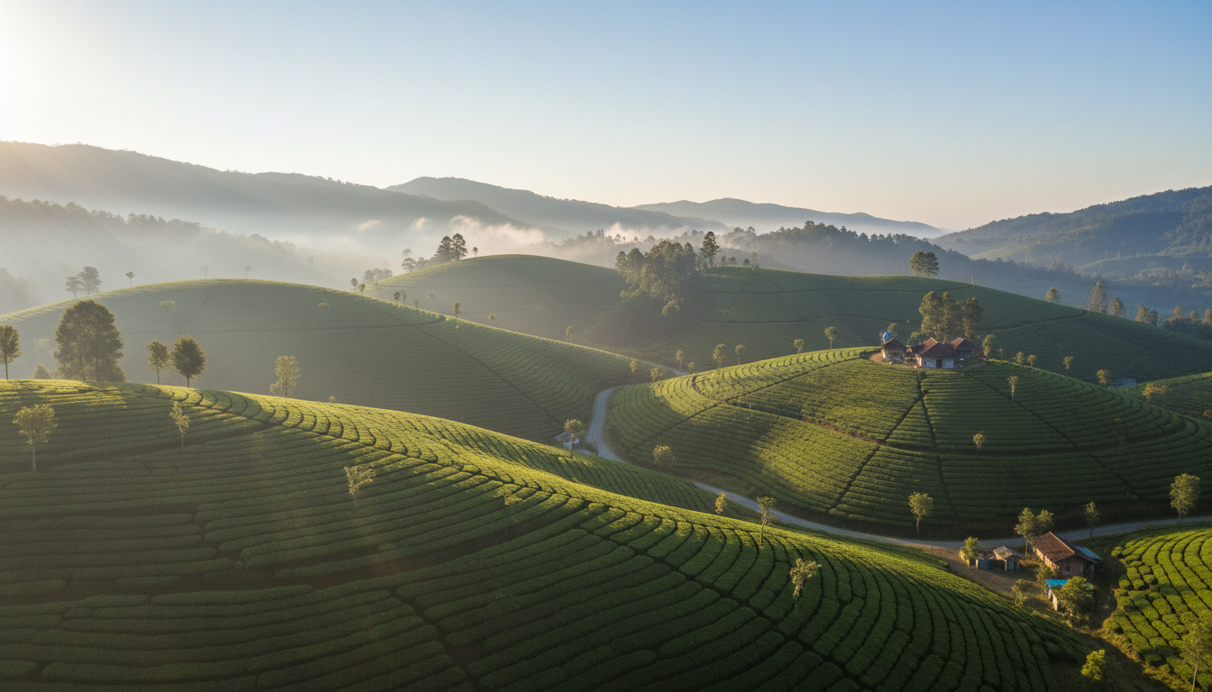 Sunlight filtering through early morning mist over rolling green tea bushes on steep hillsides.