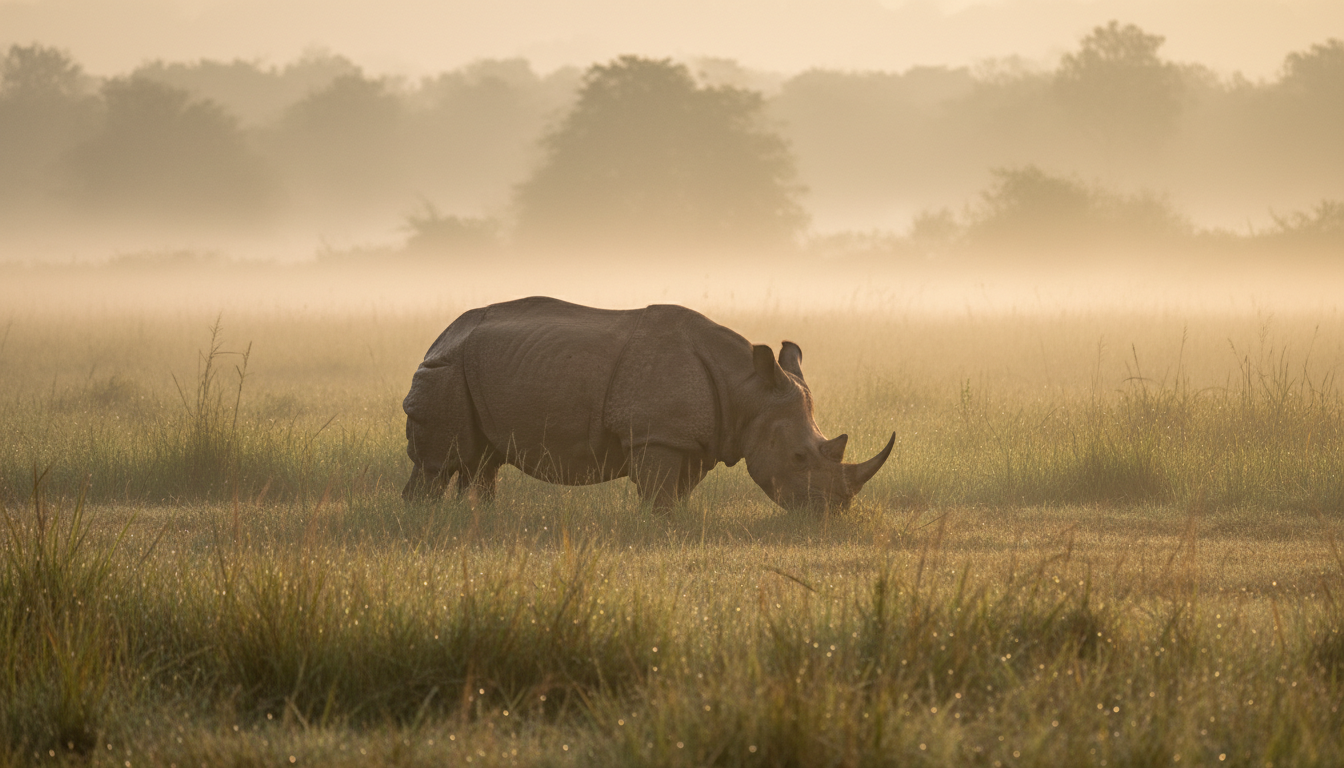 An Indian single-horned rhinoceros grazing in tall misty grass under soft early morning sunlight.