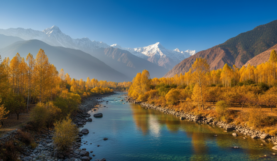 Golden autumn trees along a clear blue river with snow-capped mountain peaks in the background under a blue sky.