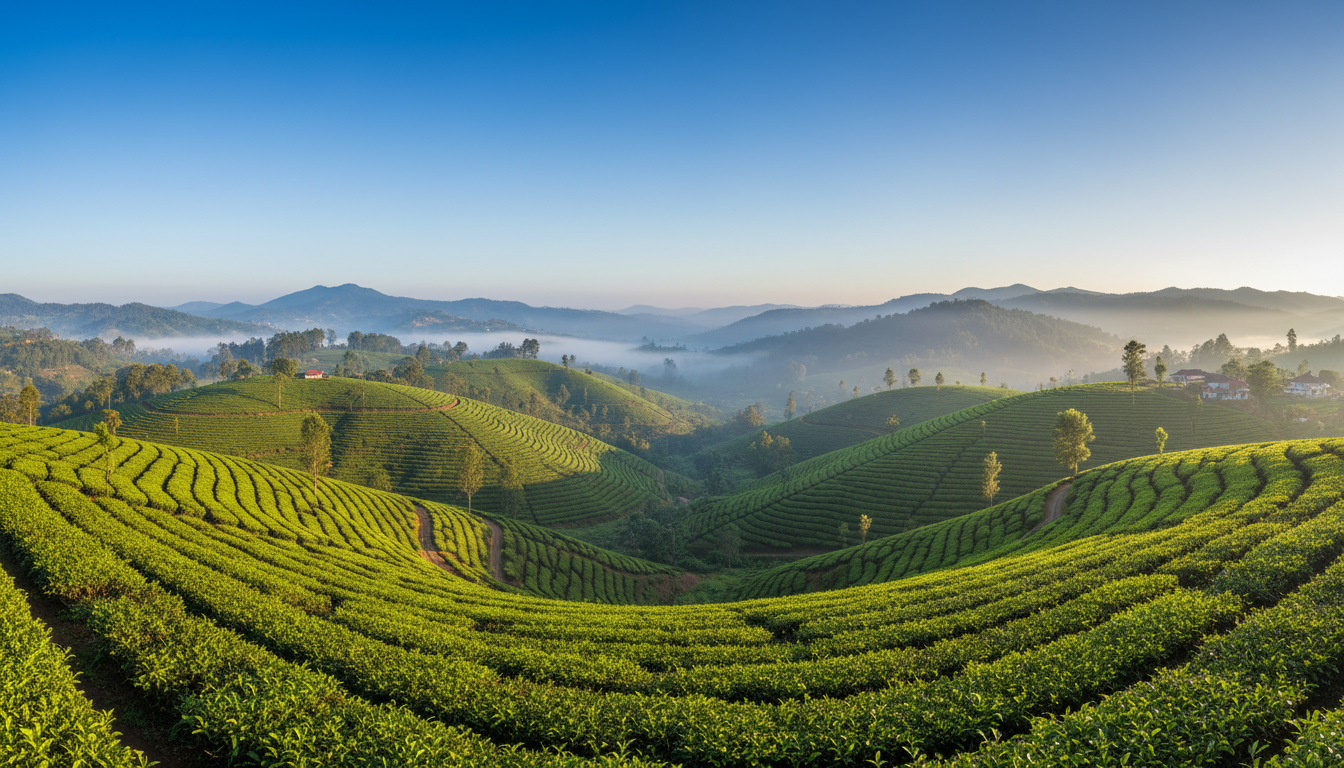 Sunlight illuminates bright green tea plantation hills under clear morning skies with thin valley mist.