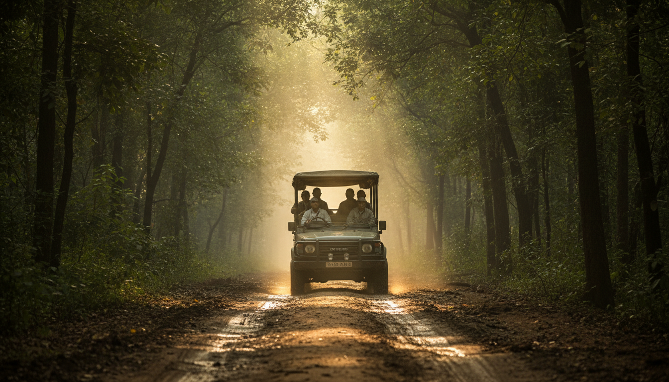 An open-top safari jeep drives on a dirt track through dense green jungle with sunlight filtering through trees.