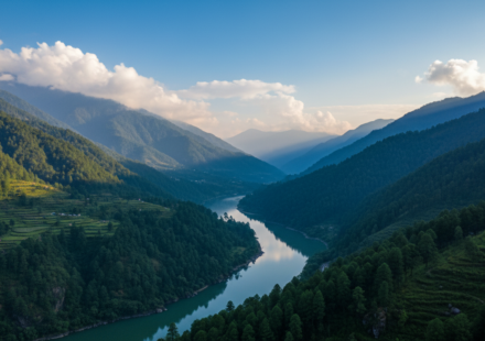 High-angle view of a scenic mountain highway winding through vibrant post-monsoon green hills under clear blue morning skies.