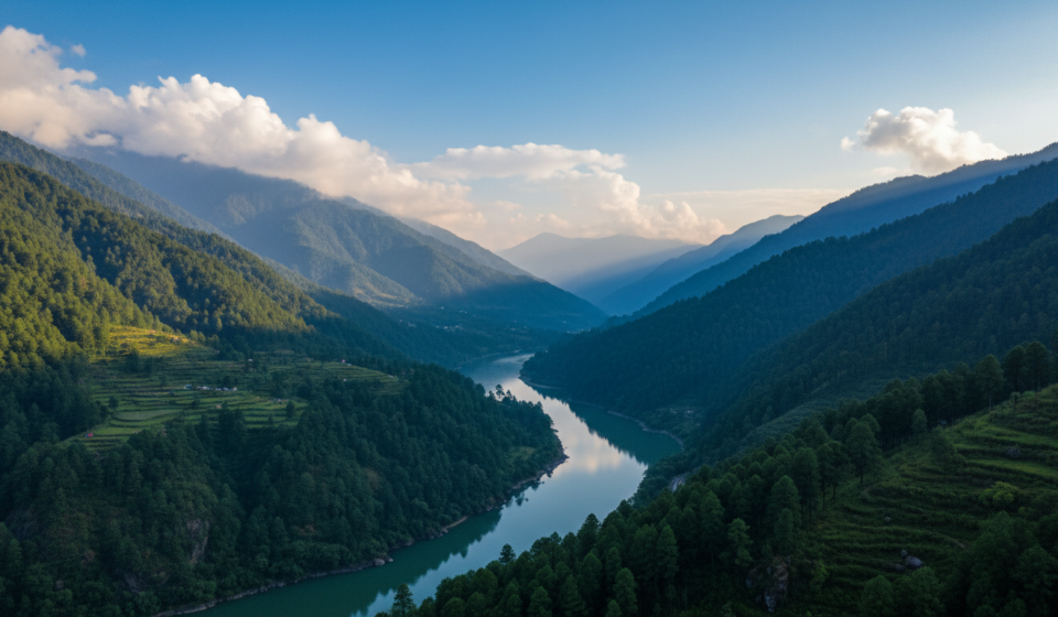 High-angle view of a scenic mountain highway winding through vibrant post-monsoon green hills under clear blue morning skies.