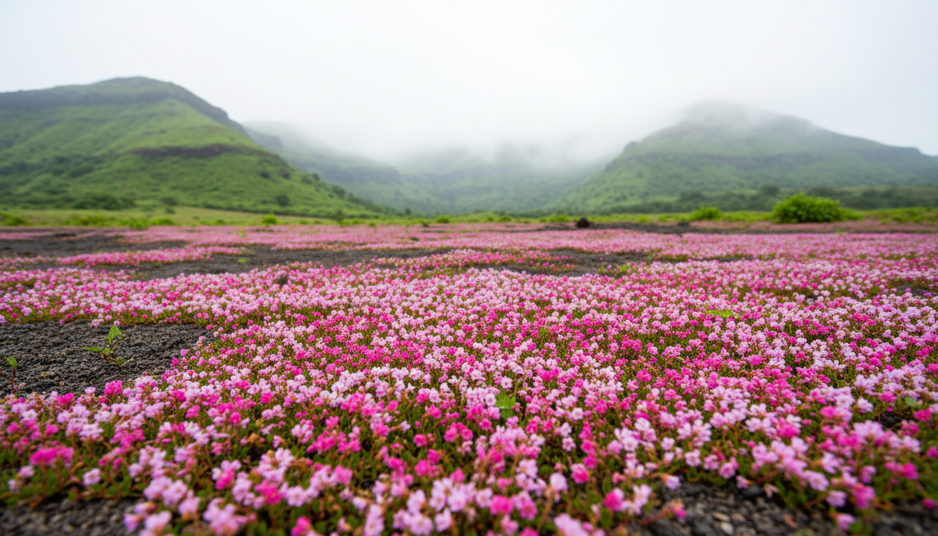 Vibrant carpet of wild pink and purple blossoms covering a rocky plateau under light mist and blue sky.