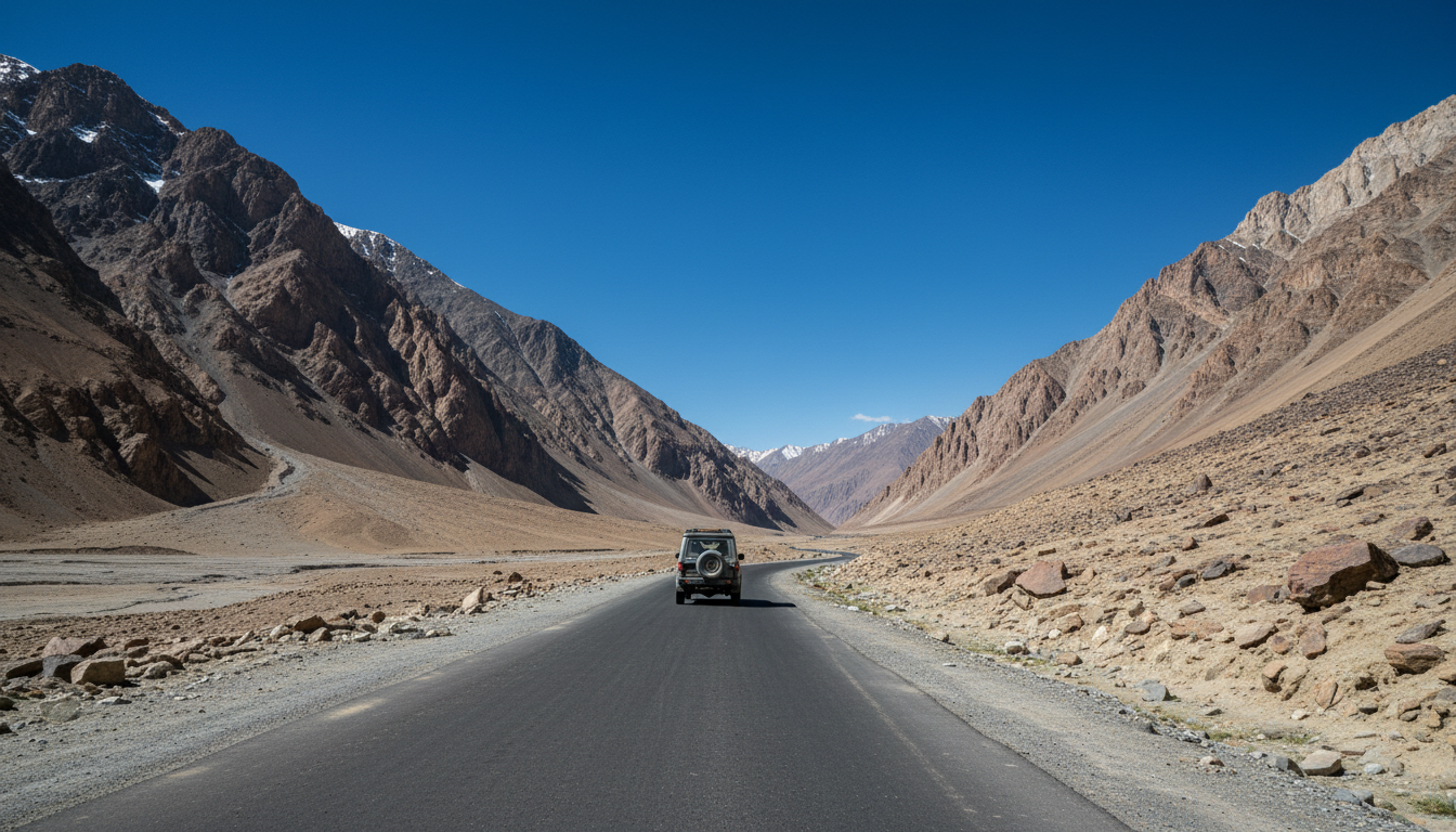 An off-road vehicle driving along a clear asphalt road framed by towering dry Himalayan mountains under bright blue sky.