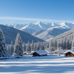 Snow-dusted pine trees and wooden alpine cottages surrounded by dramatic white mountain peaks under a clear blue sky.