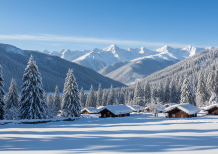 Snow-dusted pine trees and wooden alpine cottages surrounded by dramatic white mountain peaks under a clear blue sky.