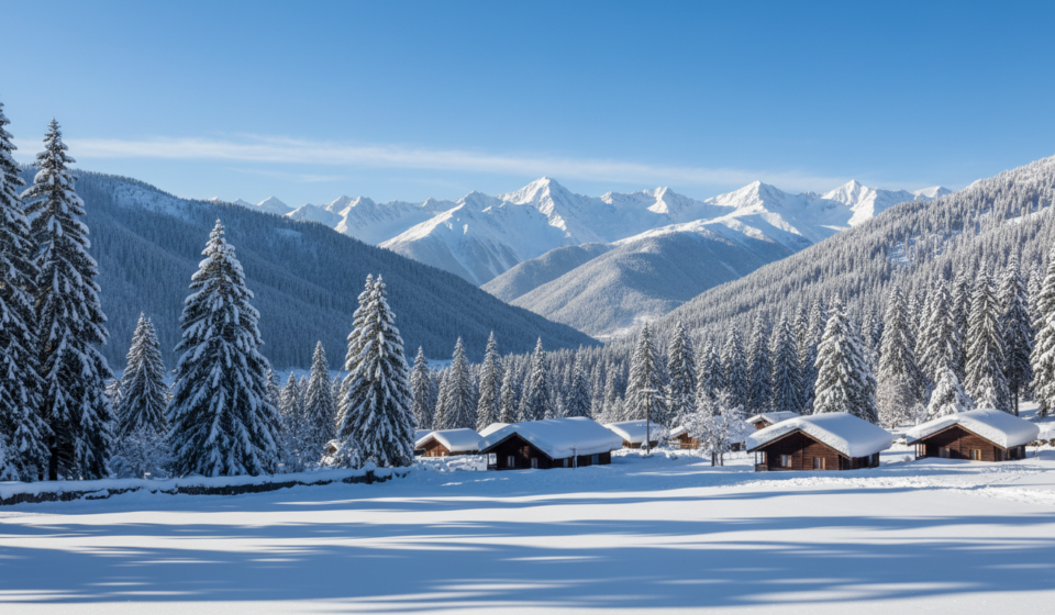 15 Best Places to Visit in India in Winter (2026) Snow-dusted pine trees and wooden alpine cottages surrounded by dramatic white mountain peaks under a clear blue sky.