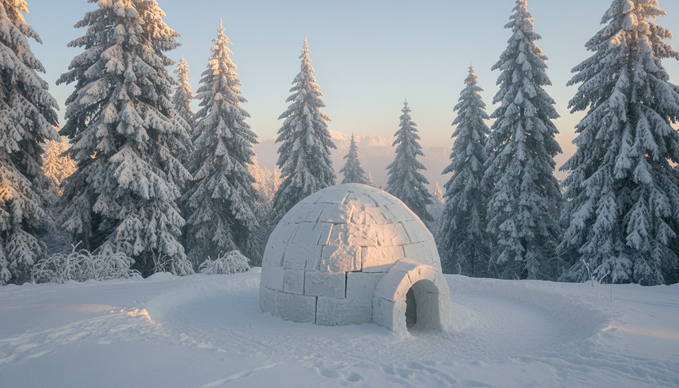 15 Best Places to Visit in India in Winter (2026) 1 A hand-built snow igloo standing in a snowy pine forest clearing during golden hour in Sethan.