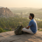 A traveler sitting on a granite boulder overlooking the palm groves and stone ruins of Hampi at sunrise.