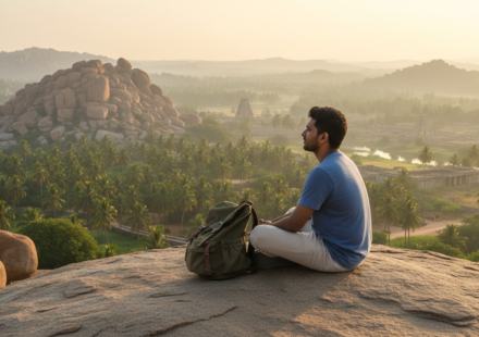 A traveler sitting on a granite boulder overlooking the palm groves and stone ruins of Hampi at sunrise.