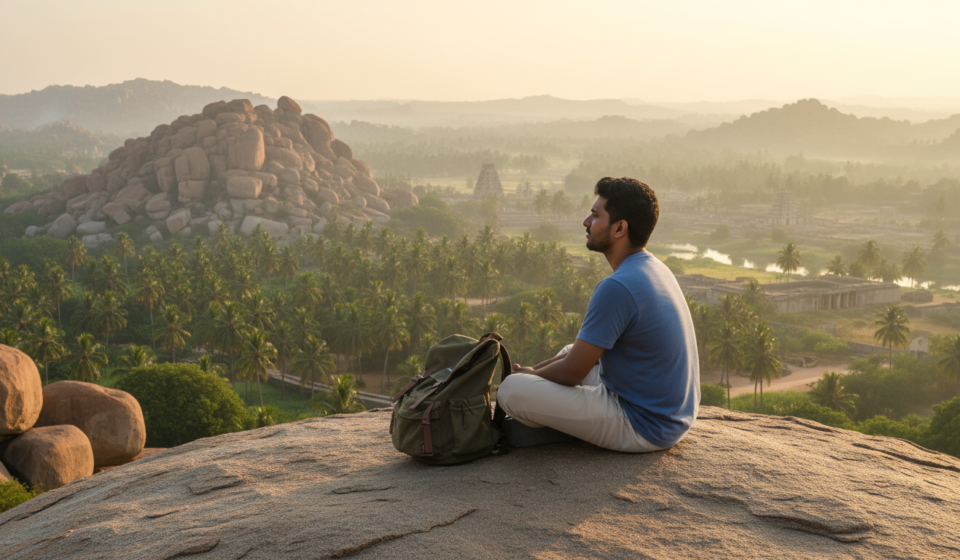 A traveler sitting on a granite boulder overlooking the palm groves and stone ruins of Hampi at sunrise.