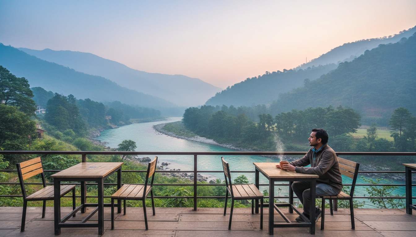View of the turquoise Ganges River and green hills in Rishikesh from a hilltop balcony in Tapovan.